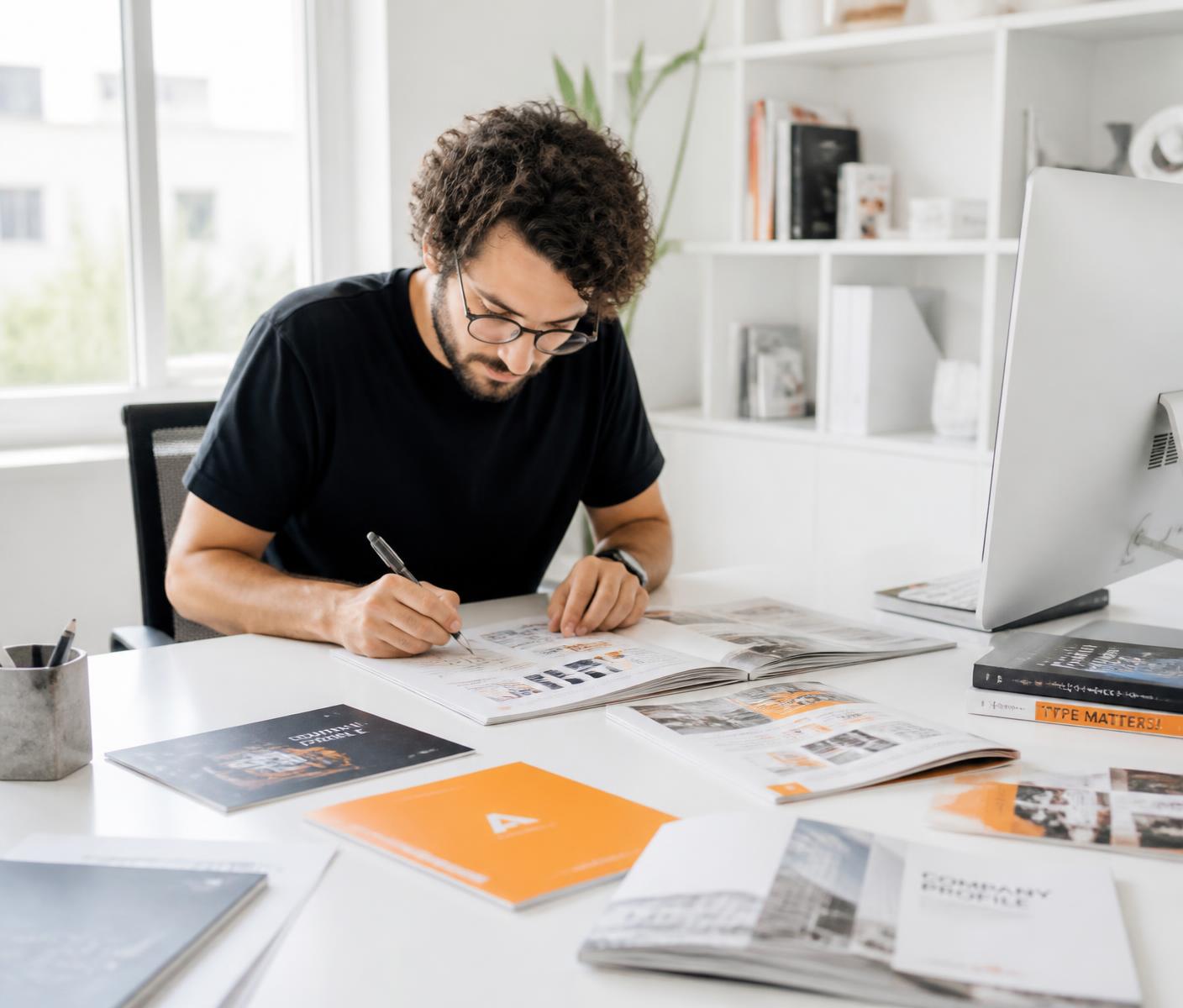 Designer reviewing printed brochure and company profile layouts in a bright studio